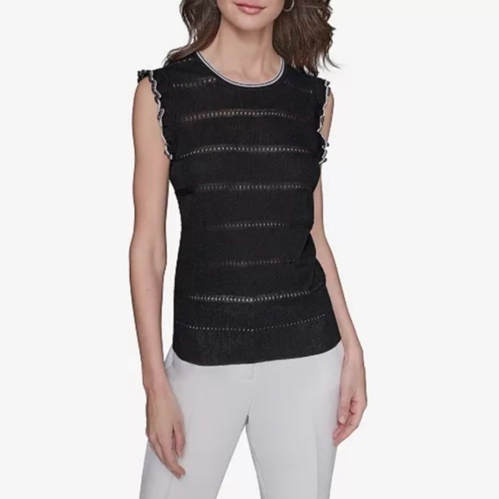 KARL LAGERFELD PARIS Pointelle Knit Sleeveless Top in Black / Soft White Size S
